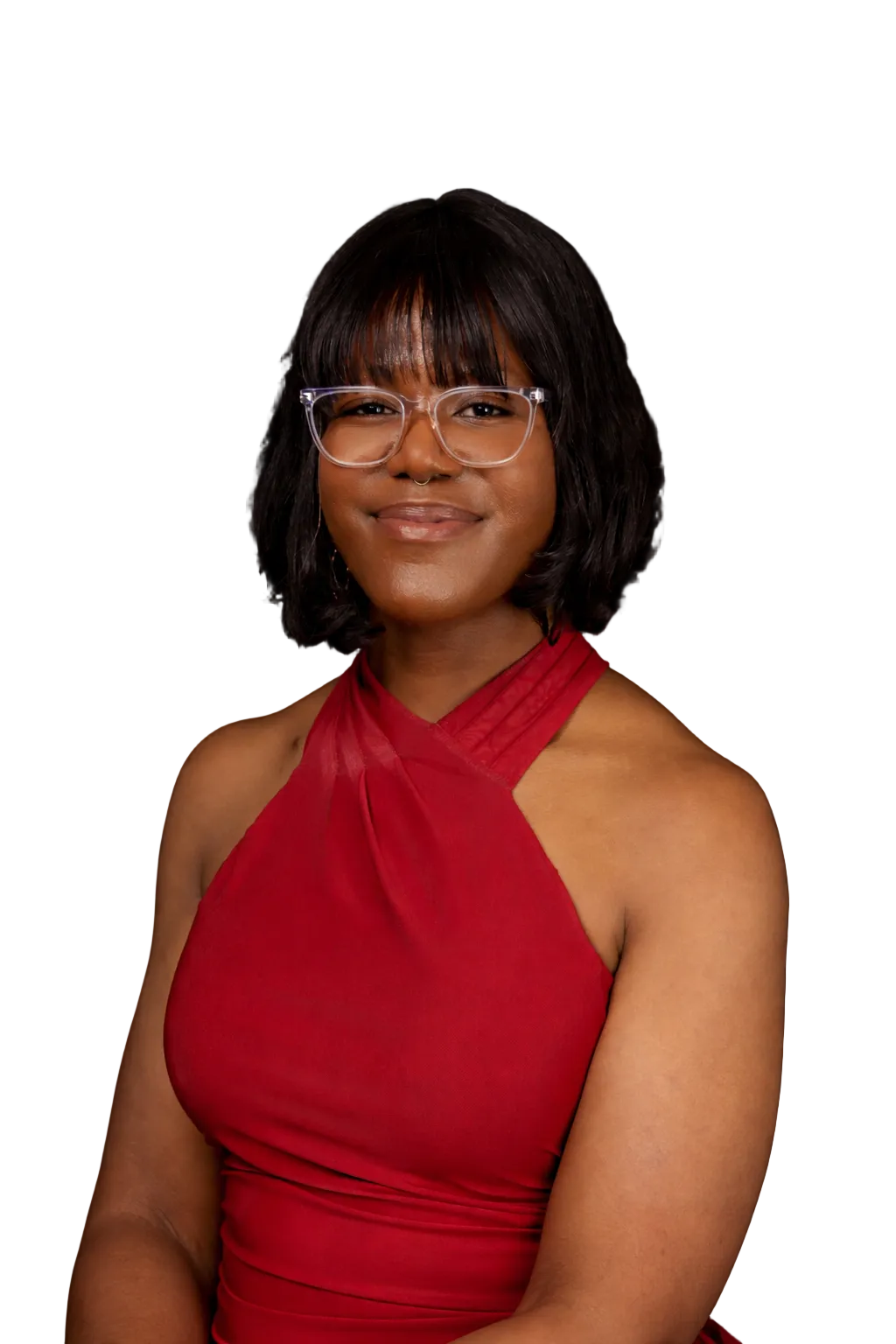 Woman wearing a red dress and glasses on a white background