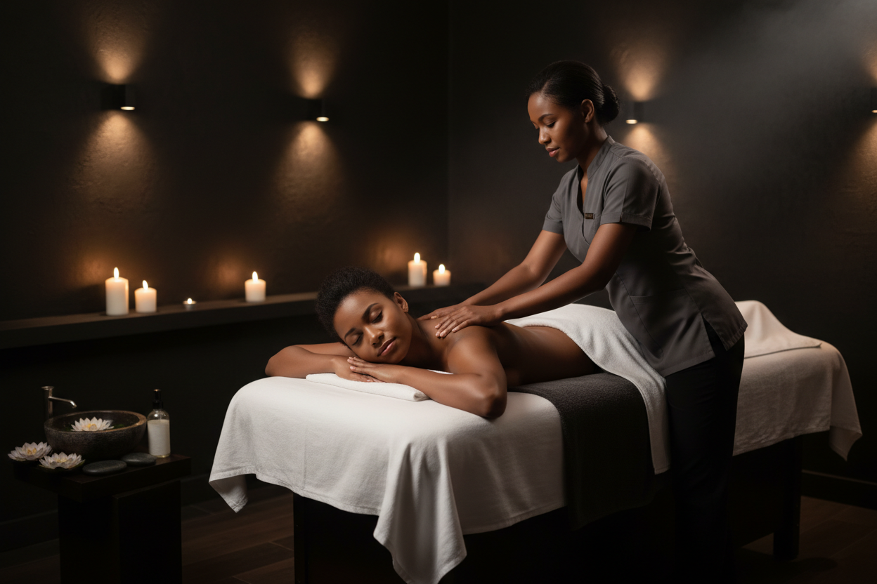 African American provider massaging African American woman, created by AI